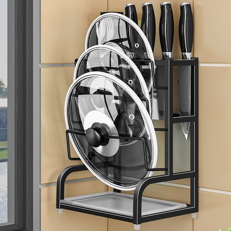 Porte-couvercles 2 en 1, porte-couteaux, porte-baguettes, en acier inoxydable 304, multifonctionnel, noir, avec 3 emplacements pour couteaux et 1 porte-baguettes. (1/5)