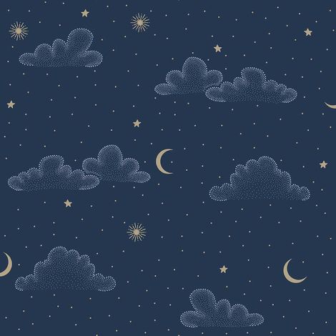Papier peint nuages étoiles lune fond bleu nuit (1/2)