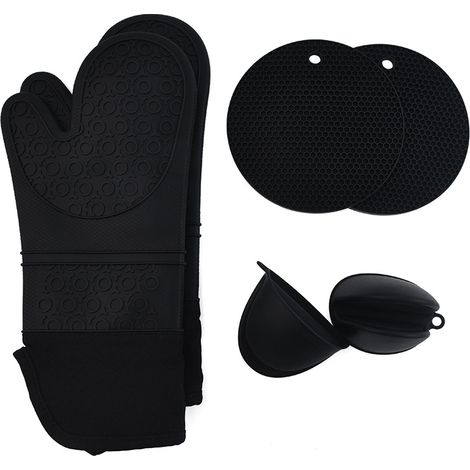Ensemble de gants de four extra longs et de porte-casseroles : gants de four en silicone résistant à la chaleur, noir, paquet de 6 (1/2)