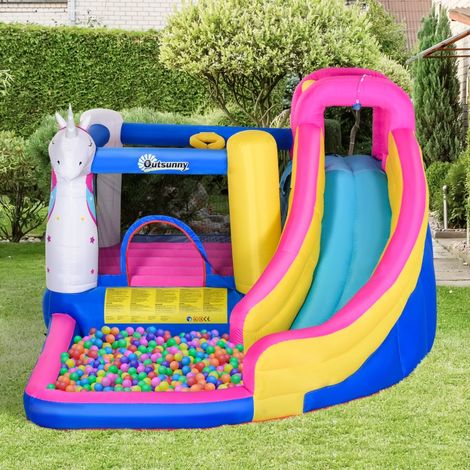 Château gonflable sur le thème des contes de fées avec souffleur, toboggan, bassin d'eau et panier de basket, 360 x 305 x 210 cm