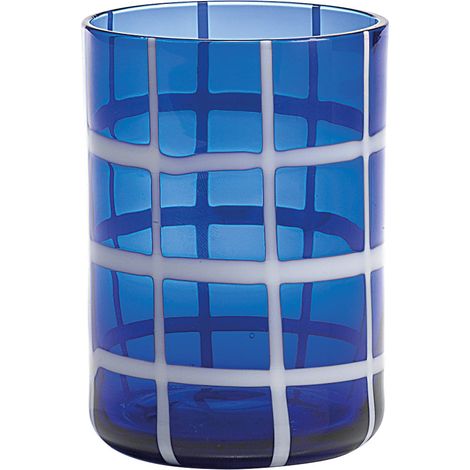 Zafferano Twiddle - Set 6 Bicchieri Blu in Vetro Soffiato, 35 cl - Tumbler Artigianali con Decoro Bianco, Lavabili in Lavastoviglie (1/4)