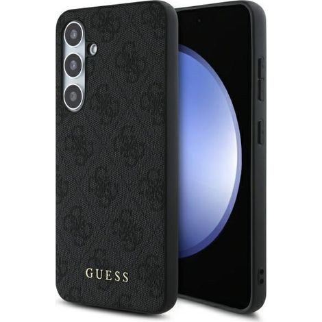 Custodia grigia con logo Guess in metallo dorato per Samsung Galaxy S24 FE 4G.
