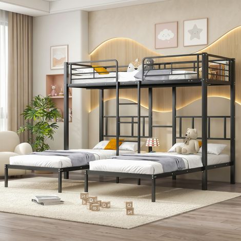 Lit superposé enfant triple,métal Lit mezzanine 390x200cm,avec barrières de sécurité et tablette,cadre de lit lit en fer pour ado,sans matelas,Noir (1/5)