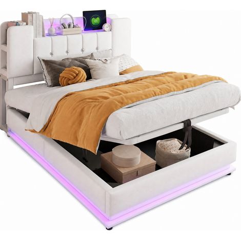 Letto imbottito per bambini 90x200 cm beige con LED, USB e vano contenitore - CHICFURN (1/5)