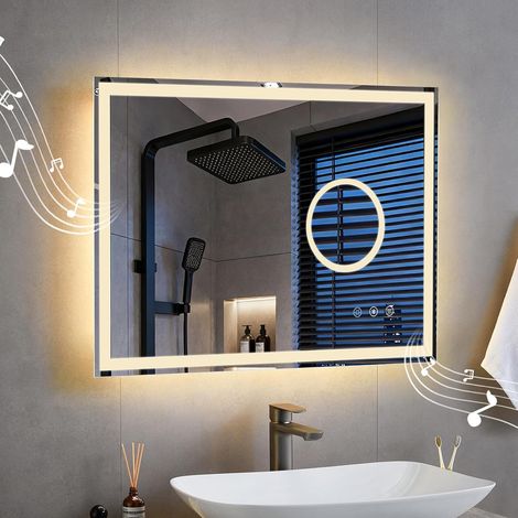 Miroir Salle de Bain avec Eclairage 70x50cm, Miroir LED avec Loupe 3X, Anti-buée, 3000K/4000K/6500K, Dimmable, Mémoire, IP44, Douille, Horizontal/Vertical (1/5)