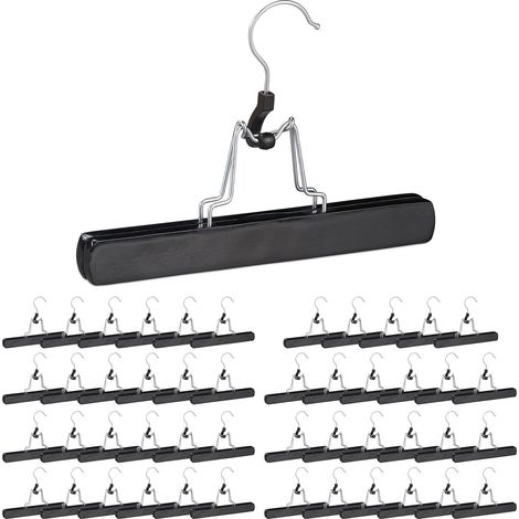 48 Perchas Pantalones, Ganchos Giratorios 360°, Pinzas para Faldas, Antideslizantes, 17 x 25 x 2,3 cm, Madera, Negro