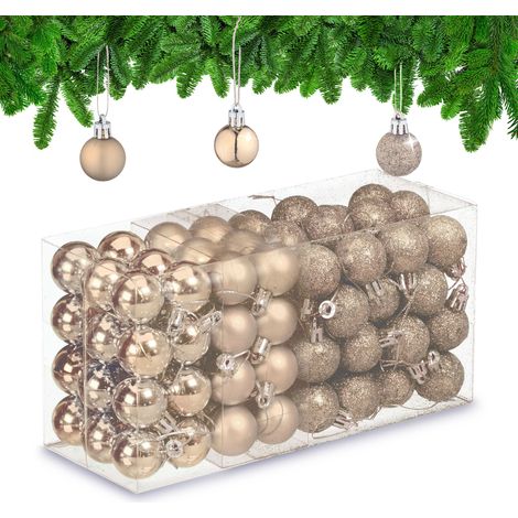 Relaxdays Palline di Natale, Set da 96 Palle Opache, Lucide, Glitterate, HxD: 4x3 cm, Addobbi Albero Natalizi, Champagne (1/5)