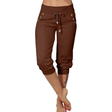 Stretch-Caprihose für Damen, weich und hochgeschnitten, ideal für Yoga und Sport. Stylisch und bequem, perfekt für Fitness und sportliche Aktivitäten. Dunkelbraun, Größe S. (1/5)