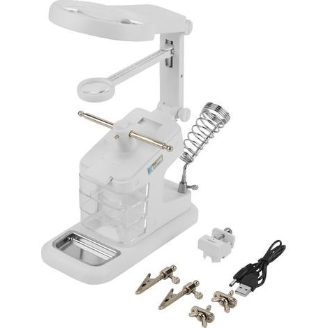 Naroote Station de Soudage, Soudure Support de Fer USB Souder en Fer de Travail en à Main Levée de Soudure à Main le Support de avec le de avec 3x / 4,5x / 25x Loupe Loup Lights Clips Board (WHITE) (1/5)