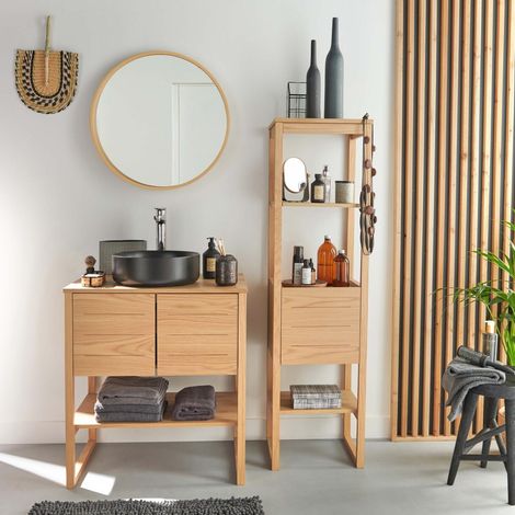 Badmöbel 70cm Eiche Hochschrank Becken Armatur Spiegel ATOLL