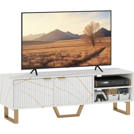 Marble Effect TV Unit, TV Stand Cabinet for up to 70" TVs, Modern TV Cabinet with Shelves and Storage Cupboard, Fluted Door, Extra Centre Leg, Cable Management for Living Room, White (1/5)
