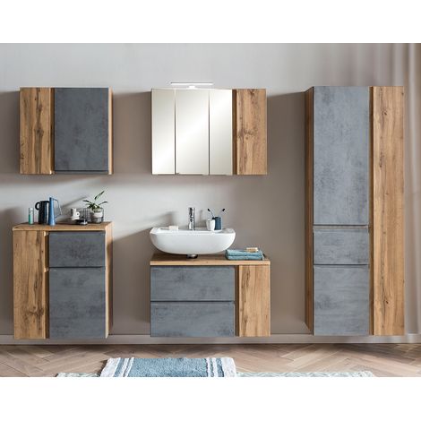 Badezimmermöbel Set, stehend oder hängend, in Wotan Eiche Nb. mit Beton Optik, VASTO-03-CONCRETE, B/H/T ca. 245/200/35 cm (1/5)