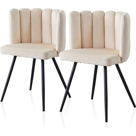 Dining Chair,2x Velvet Thick Padded Upholstered Seat with Black Metal Legs, Cream (1/5)