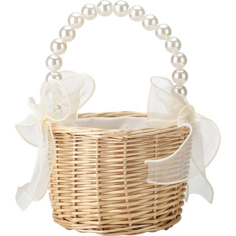 Tragbarer Vintage-Hochzeitskorb im klassischen Stil mit Perlen und Satin für Blumen, Schmuckhalter, Naturrattan, 21 x 15 cm (1/5)