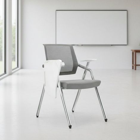 Sedia ufficio Loreto con tavolino ribaltabile, gambe in acciaio cromato e schienale in rete colore grigio e bianco