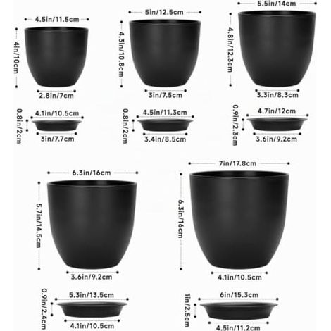 Lot de 5 pots de fleurs avec soucoupes, pots en plastique de 17,8/16/14/12,5/11,5 cm, petits pots avec couvercle, pour plantes grasses et herbes aromatiques d'intérieur et d'extérieur - Noir (1/4)