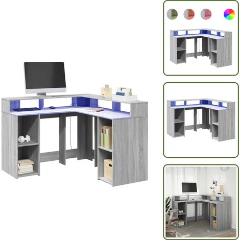 vidaXL Bureau et lumières LED sonoma gris 130x130x91cm bois ingénierie (1/5)