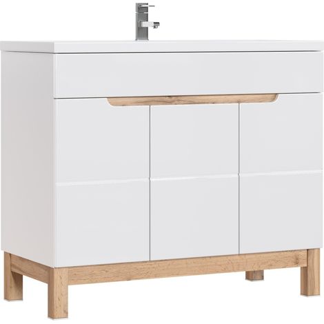 Möbelunterschrank ERMANO – Helles Eichenholz und Hochglanz Weiß – 100x84 cm – 3 Türen – Zum Aufstellen