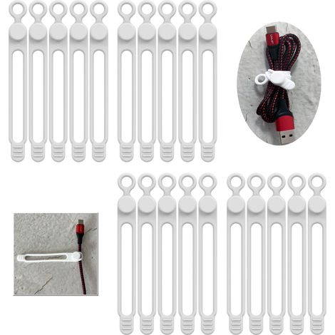 Attache-Câble En Silicone - Élastique Réutilisable Jusqu’à 2,5x Sa Longueur - Pour Gestion De Câbles TV Ordinateur Casques USB - Blanc - Lot De 20 (1/5)