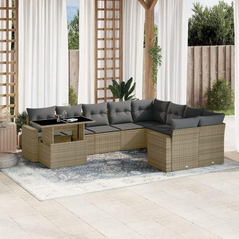 Ensemble Salon Jardin 10 Places Résine Tressée Beige avec Coussins Gris - Table Réglable Hauteur et Mobilier Modulaire Extérieur (1/4)