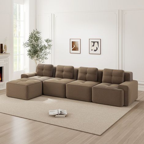 Sofá modular en L de 382 x 177 x 69 cm - Sofá esquinero de 4 plazas con puf otomano de terciopelo acanalado y asiento profundo - Marrón (1/5)