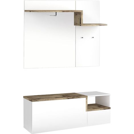 Dmora Mobile da ingresso, Made in Italy, Entratina con appendiabiti, Scarpiera, cm 120x40h54, colore Bianco lucido e Acero, con imballo rinforzato (1/5)