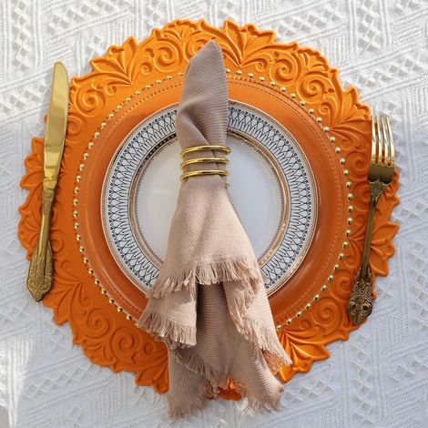Set de table rond en cuir synthétique, 38 cm (15 pouces), lot de 4, durable, résistant à la chaleur, couleur orange. (1/5)