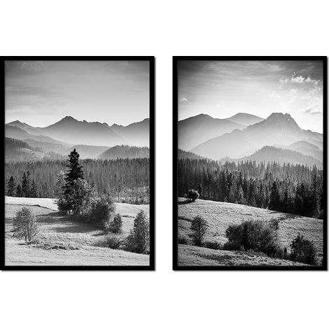 POSTERS CON FOTOS EN MARCO 33x43cm Díptico Conjunto de 2 cuadros Montañas Bosque Gris P1390 (1/3)