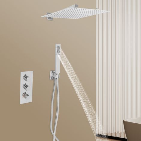 Ensemble de douche encastré avec douchette à main et douche à effet pluie – Argent, douche de tête de 40cm (1/5)