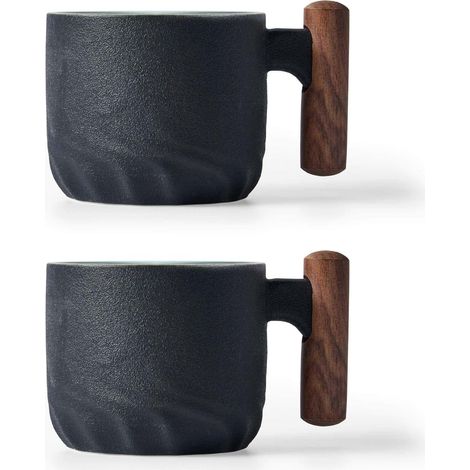 Tasses à café en céramique avec poignée en bois, tasses à thé en céramique, tasses à thé ou demi-tasse, pour café ou thé (noir, 2)