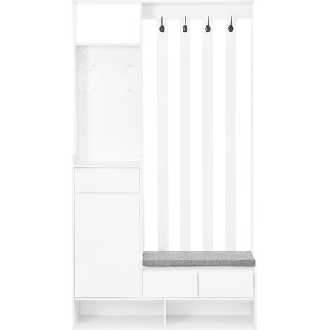 Mueble de recibidor con banco tapizado, perchero con panel perforado y 4 ganchos, blanco (1/5)