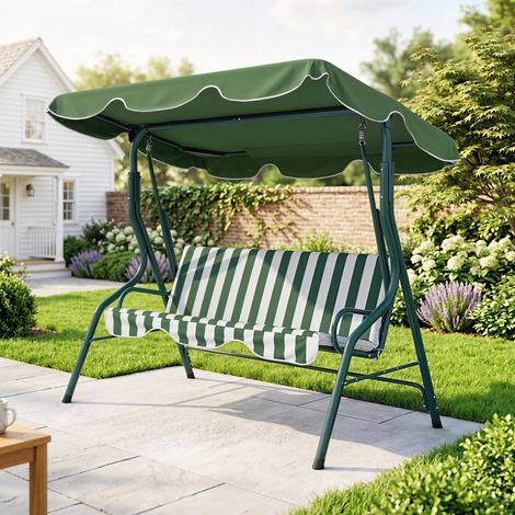 Dondolo 3 places avec auvent ajustable et coussins, en acier et polyester, 170x110x153 cm, vert et blanc (1/5)