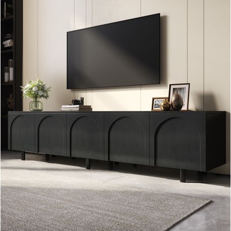 Mobile TV basso con 5 ante, sistema di gestione cavi, MDF nero, gambe in metallo, 180x38x45 cm (1/5)
