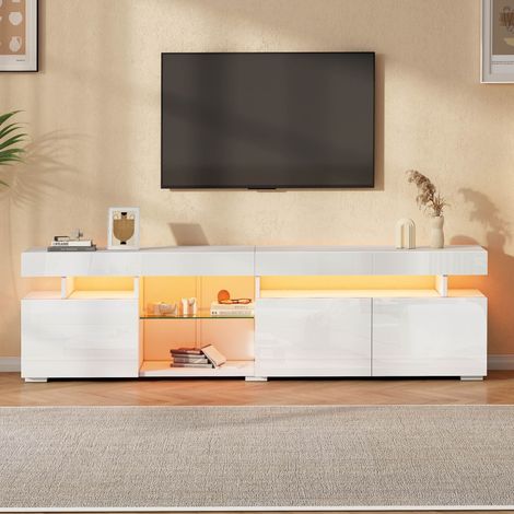 Meuble TV LED 180x35x45 cm blanc brillant 3 portes étagère verre trempé réglable grand rangement pour TV 80 pouces salon design