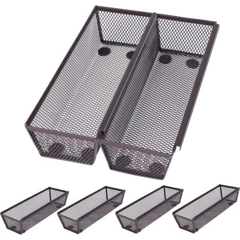 Lot de 6 paniers de rangement de cuisine en maille bronze – Paniers de rangement en métal à emboîtement fin – Caoutchouc antidérapant – Tiroir de cuisine extensible pour ustensiles et couverts (Noir)