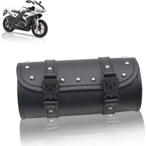Sacoche de selle universelle pour moto, sac à outils, en cuir, sac de rangement étanche, sacoche de guidon pour vélo avec 2 sangles de fixation, sac arrière (noir) (1/5)