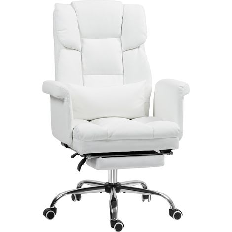 Chaise de bureau ergonomique inclinable avec coussin lombaire, réglable en hauteur, avec repose-pieds et fonction pivotante, idéale pour le télétravail. Revêtement en similicuir blanc. (1/5)