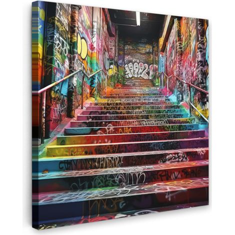 TABLEAU SUR TOILE Escaliers - Graffiti - Couleurs - Art Tableau Chambre Adulte 90x90 cm