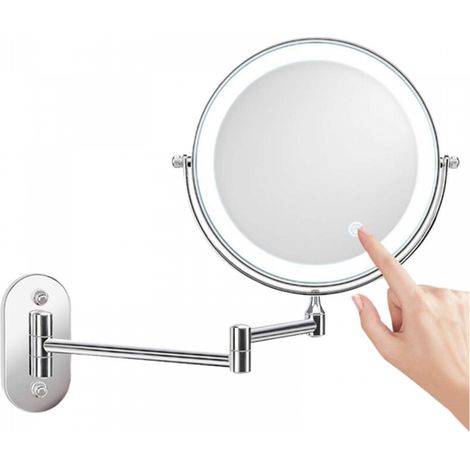 Miroir de maquillage mural argenté de 20 cm (8 pouces) avec éclairage LED pliable et télescopique, double face, pour salle de bain. (1/5)
