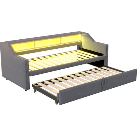 Lit rembourré, canapé-lit extensible 90/180 x 200 cm, coffre de rangement multifonctionnel, éclairage LED et port USB, avec sommier à lattes, gris foncé (avec deux matelas à ressorts) (1/5)