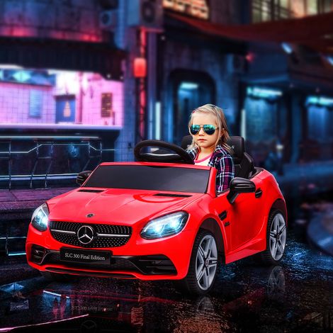 Coche eléctrico infantil Mercedes SLC 300 con licencia oficial, 12 V, velocidad máxima 5 km/h, efectos de sonido y luz, mando a distancia, color rojo.