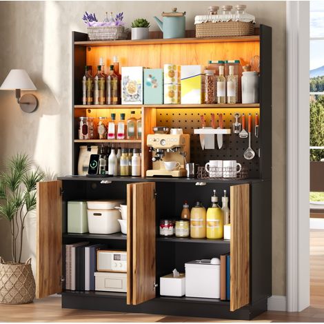 Mueble de cocina 120 x 43 x 160 cm MDF natural y negro con LED RGB y enchufes - CHICFURN (1/5)
