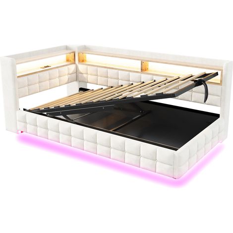 Letto capitonné multifunzione 90 x 200 cm con contenitore idraulico, LED, prese, beige (1/5)