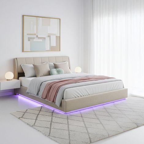 Letto Contenitore Tröstiar con Apertura a Ribalta e Luce LED Letto Doppio Matrimoniale 180x200 cm Beige [en.casa]