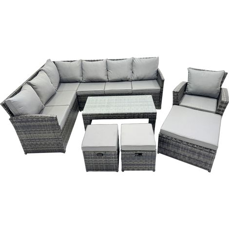 Fimous 10 Seat Poly Rattan Outdoor Patio Oblong Coffee Table Corner Sofa Set with 3 Stool Chair for Garden Backyard Dark Grey Mixed (1/5)