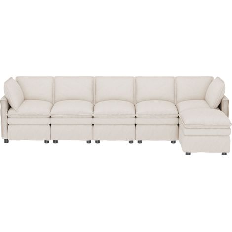 Sofá Modular 6 Plazas con Función Cama, Forma U o L, con Otomana Móvil, Chenilla, Beige (1/5)
