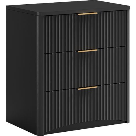 Schwarzer Nachttisch mit 3 Schubladen, Rillendesign, goldenen Metallgriffen, MDF (1/5)