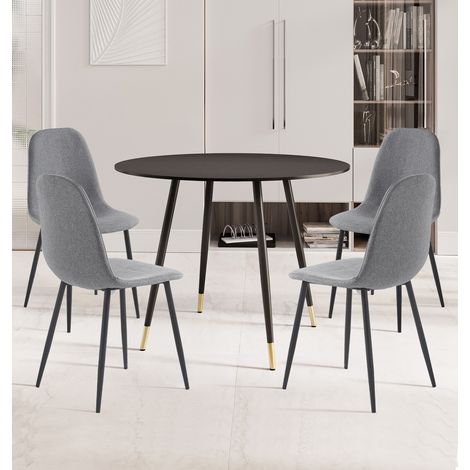 Hallowood Furniture Finley Small Round Dining Table and Chairs Set 4 with Oak Effect Top, Metal Legs, and Dark Grey Fabric Dining Chairs Set of 4 for Home, Office, or Café Use (1/5)