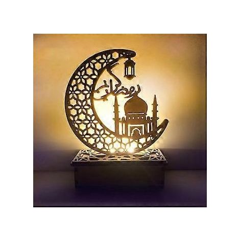 Veilleuse artisanale, décoration lumineuse LED 3D en bois en forme de lune et d'étoile faite à la main, lampe décorative pour le Ramadan Moubarak, ornement pour la maison, la chambre et l'Aïd, cadeau (1/4)