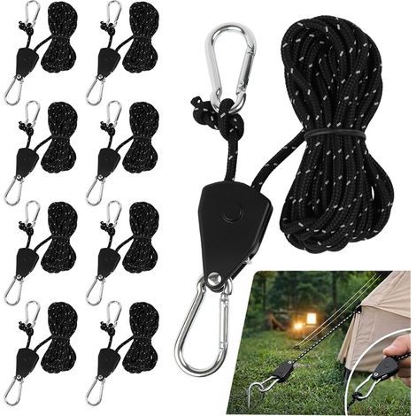 8 pièces Cordes haubanage réfléchissantes 4 m avec tendeur – Corde Tente Ø4 mm avec système à cliquet, Cordage de Tension pour Tente, auvent, Store, tempête (1/5)